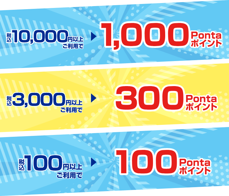 税込10,000円以上ご利用で1,000Pontaポイント｜税込3,000円以上ご利用で300Pontaポイント｜税込100円以上ご利用で100Pontaポイント