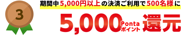 3：期間中5,000円以上の決済ご利用で500名様に5,000Pontaポイント還元
