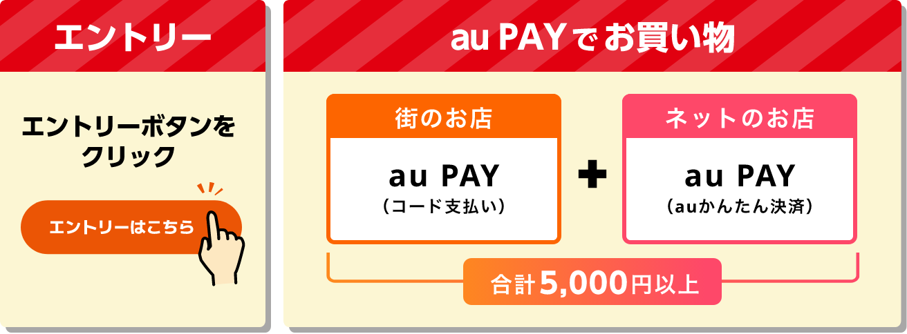 キャンペーン期間中に画面下部のエントリーボタンからエントリーし、［街のお店］au PAY（コード支払い）+［ネットのお店］au PAY（ネット支払い）またはau PAY（auかんたん決済）合計5,000円以上