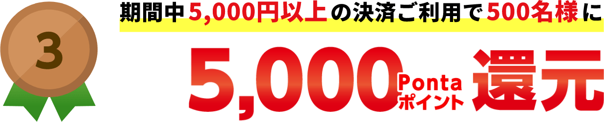 3：期間中5,000円以上の決済ご利用で500名様に5,000Pontaポイント還元